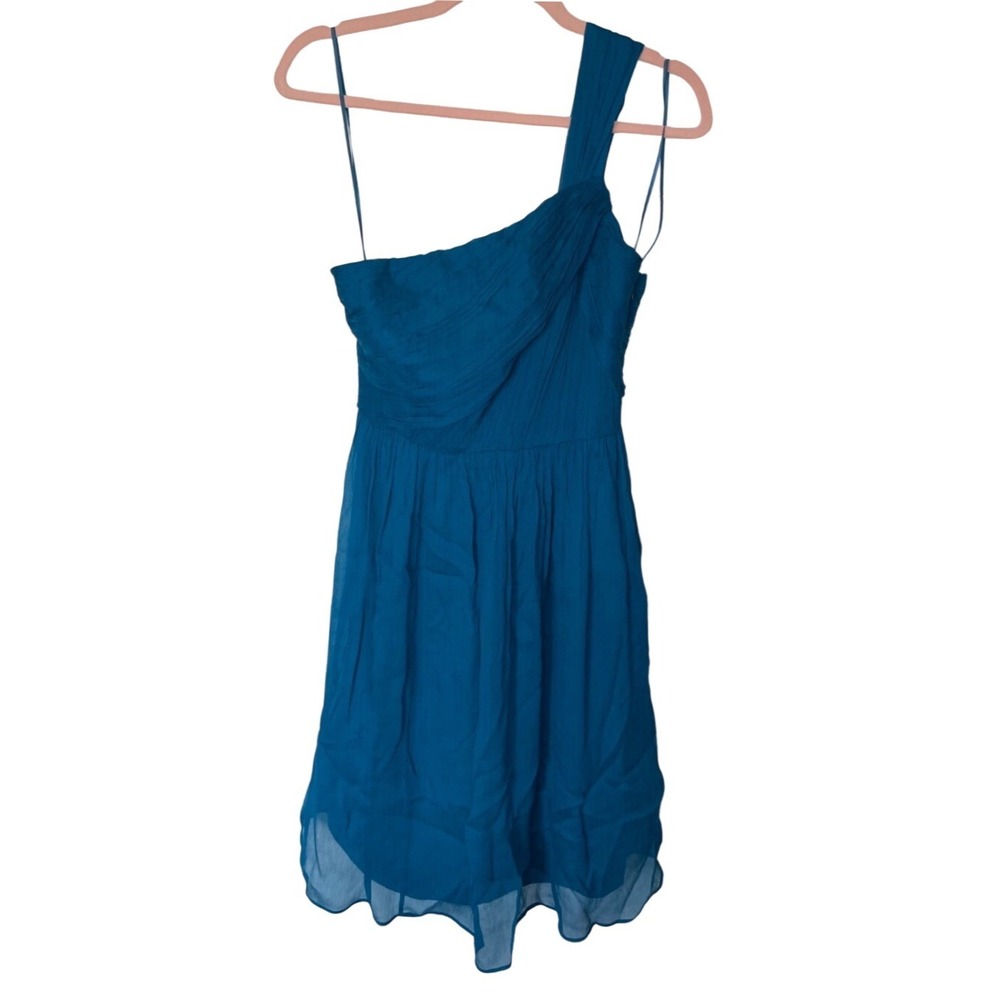 J.Crew Dress Women Size 4 Teal Blue Silk One Shoulder Ruched Chiffon Cocktail